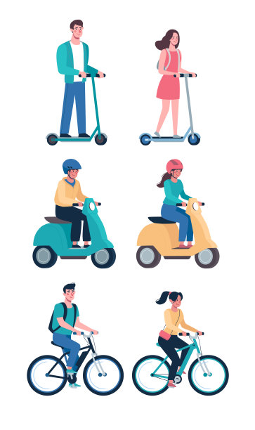 人们骑现代的电动摩托车、自行车、轻便摩托车。环保替代车辆组。矢量在平坦的风格，男孩和女孩。图片下载