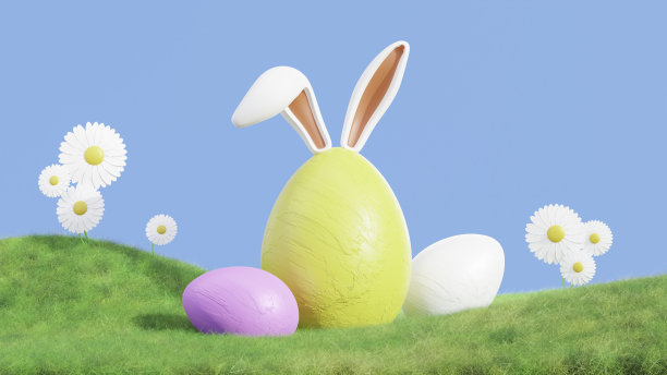 绿色的鸡蛋与兔子耳朵在草地上的3d渲染快乐的复活节图片下载