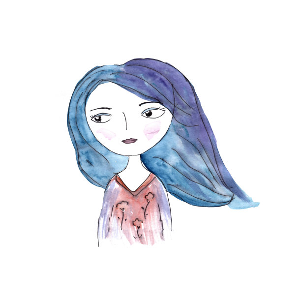 可爱的蓝头发水彩画女孩图片下载