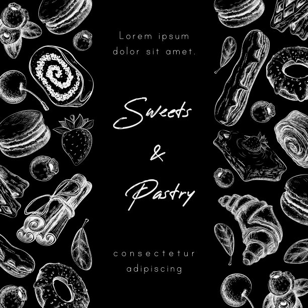 粉笔面包房或糕点横幅，背景，方形框架或菜单模板上的黑色黑板。矢量插图的甜甜点，糕点和浆果在黑板上。复古风格。伟大的设计。图片下载