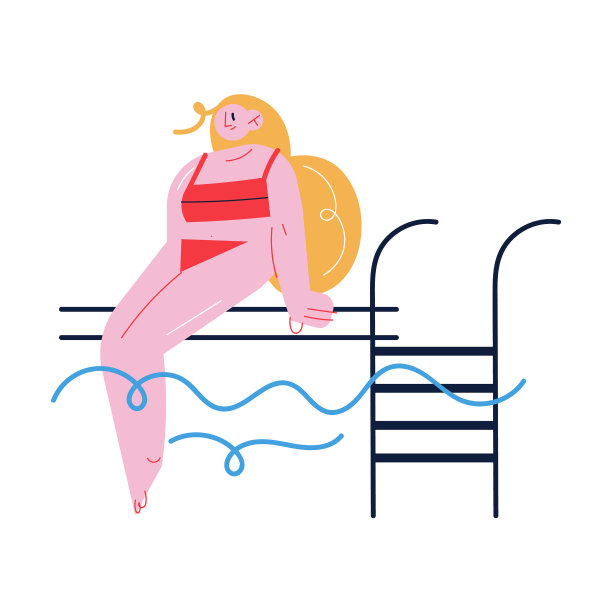 微笑的女人在红色泳装坐和图片下载