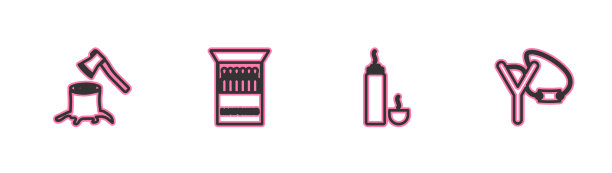 在树桩热水瓶中放置木斧图片下载