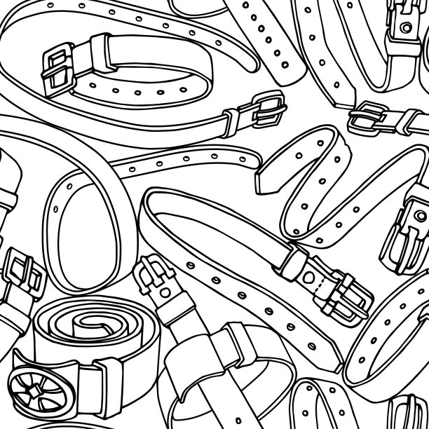 无缝模式的简单皮带与金属扣，宠物衣领，黑色墨水线图片下载