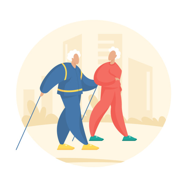 一对老夫妇用手杖做北欧步行运动。平的人说明素材图片