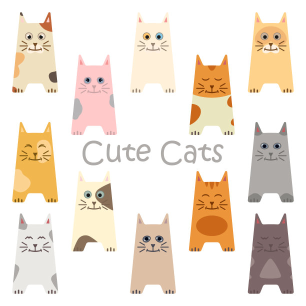 一套卡通可爱的猫。12个可爱的猫。图片下载