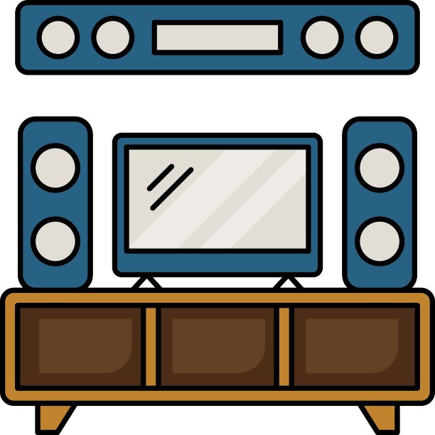 家庭影院概念，电视休息室音频视频系统与存储货架矢量图标设计，室内设计符号，住宅和商业装饰元素库存插图图片下载