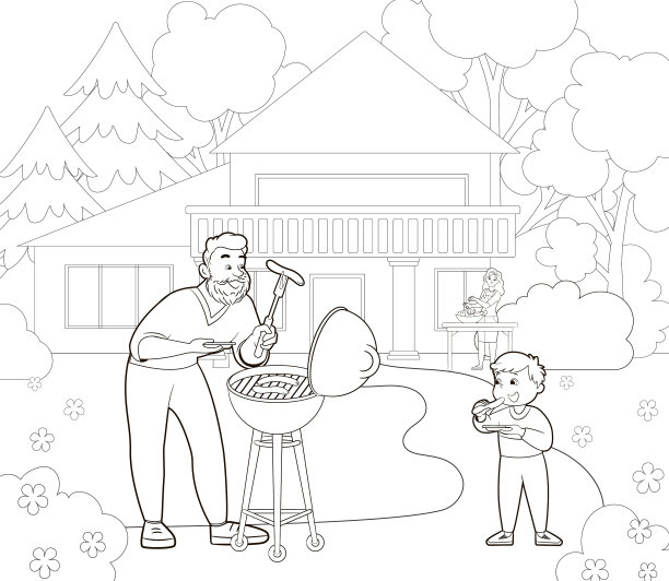 涂色书:爸爸在房子附近的草坪上烧烤，儿子在吃香肠，远处，妈妈在搅拌沙拉。矢量插图卡通风格，黑白线艺术图片下载