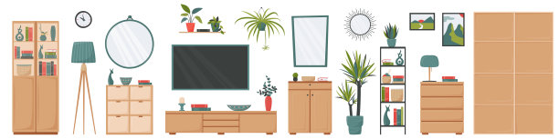 一套孤立的家具和装饰元素可爱的极简主义室内斯堪的纳维亚风格图片下载