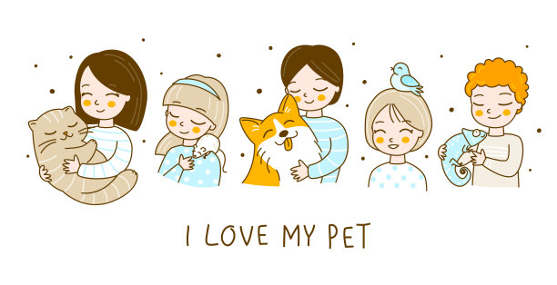 一套可爱的孩子和他们的宠物孤立的白色卡通男孩和女孩的角色，猫，老鼠，狗，鸟和变色龙图片下载