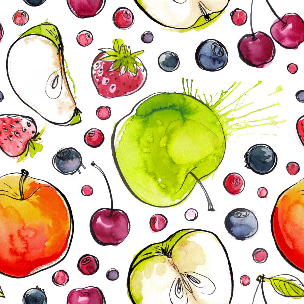 图案浆果用水彩画在白色的背景上。墨水素描和彩色抽象颜料污渍。樱桃，草莓，蓝莓，蔓越莓。图片下载