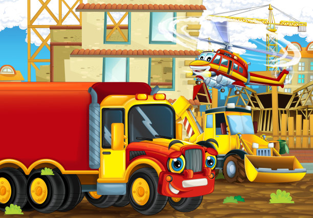 卡通场景与有趣的建筑工地车辆和直升机-插图图片下载