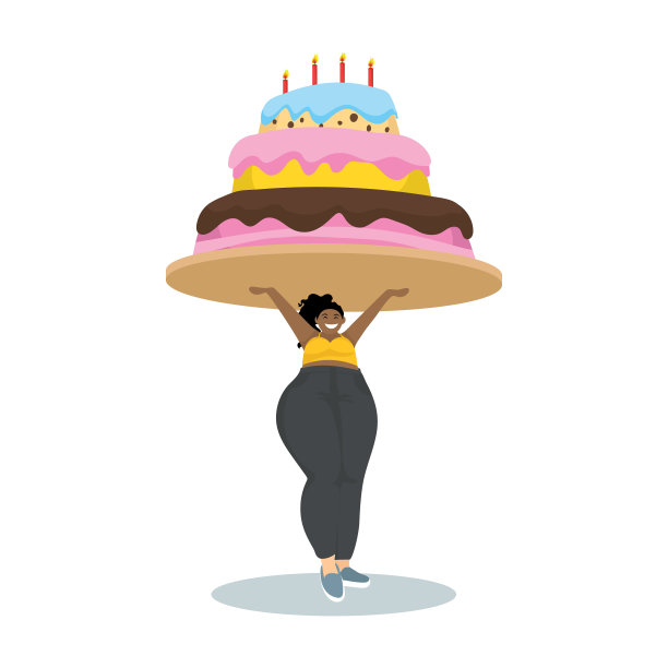 一个女孩正拿着一个巨大的蛋糕，上面点着蜡烛。卡通向量。图片下载