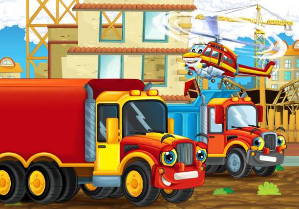 卡通场景与有趣的建筑工地车辆和直升机-插图图片下载