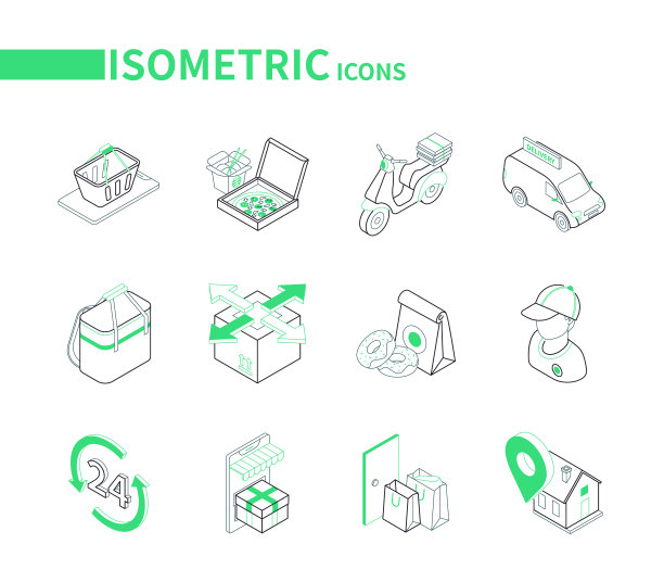 食品配送服务-现代等距图标设置图片下载