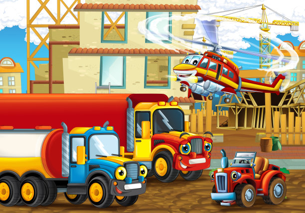 卡通场景与有趣的建筑工地车辆和直升机-插图图片下载