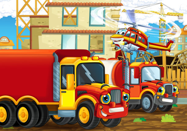卡通场景与有趣的建筑工地车辆和直升机-插图图片下载
