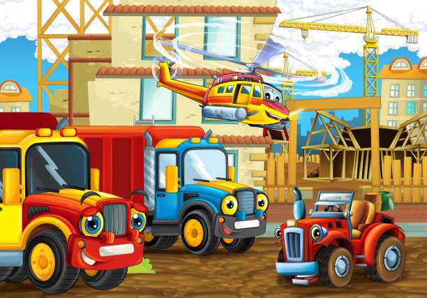 卡通场景与有趣的建筑工地车辆和直升机-插图图片下载