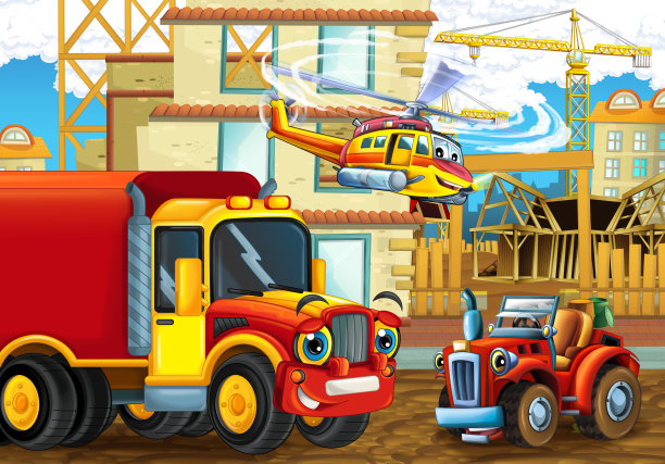 卡通场景与有趣的建筑工地车辆和直升机-插图图片下载