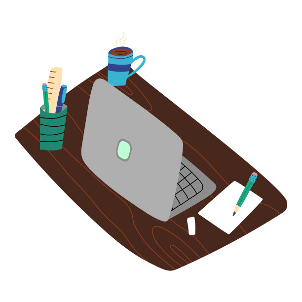 网页设计师或作家，自由职业者，学生，教师，博客，家教工作场所，家庭办公室。木桌上放着一台笔记本电脑和一个可可杯。旁边有一张纸和一支铅笔。遥远的工作理念。图片下载