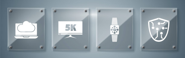设置网络安全，智能手表，监控显示，5k视频和云技术数据传输和存储。方形玻璃面板。向量图片下载