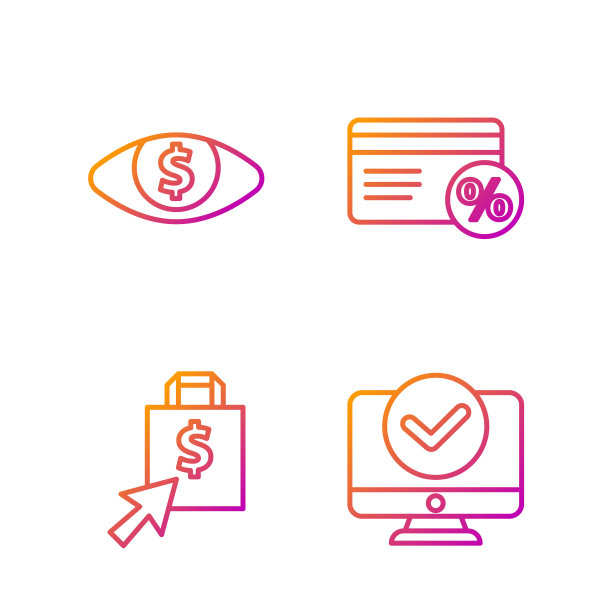 设电脑显示器，购物袋和美元，眼睛与美元和折扣卡与百分比。渐变颜色图标。向量图片下载