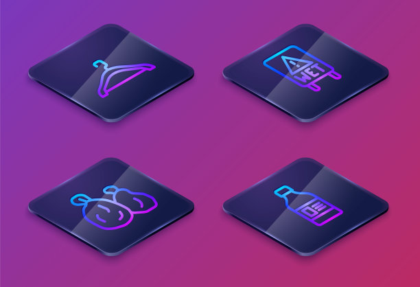 设置等距线衣架衣柜，垃圾袋，湿地板和清洁剂瓶。蓝色方块按钮。向量图片下载