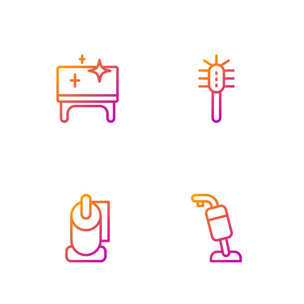 设置吸尘器，卫生纸卷，清洁桌子和刷子。渐变颜色图标。向量图片下载