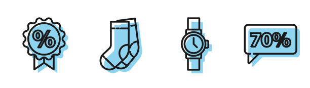 设置线腕表，折扣百分之标签，袜子和七折百分之标签图标。向量图片下载