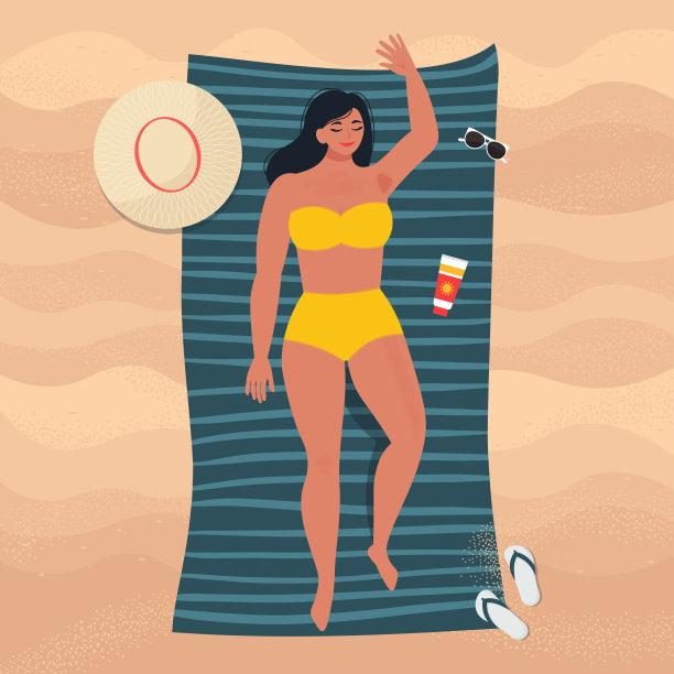 夏天在沙滩上晒太阳的女人。向量孤立的插图图片下载