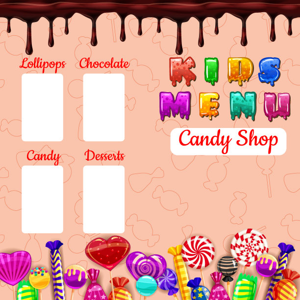 儿童菜单糖果，各种糖果，棒棒糖，巧克力，果冻。模板菜单的咖啡，自助餐厅，矢量插图，卡通风格图片下载