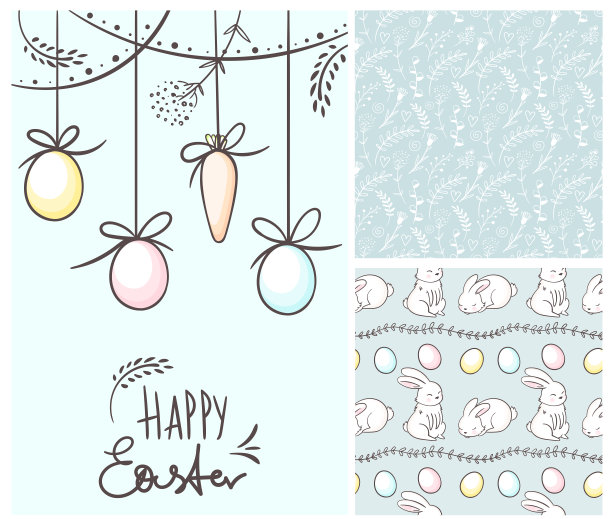 矢量复活节的模式和贺卡。可爱的复活节兔子。手绘字母复活节快乐。蛋、花元素、野兔、春花、柳枝。卡通线条艺术插画图片下载
