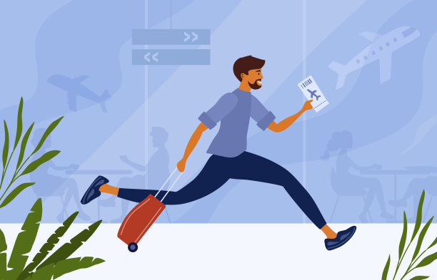 年轻的游客在机场候机楼拿着机票奔向登机图片下载