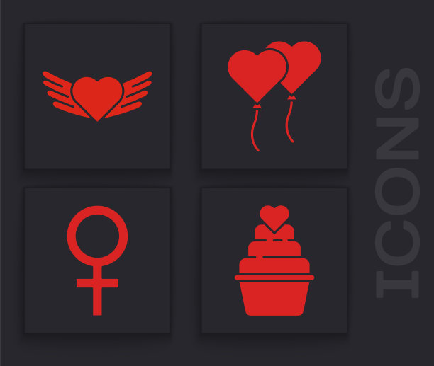 婚礼蛋糕与心，心与翅膀，气球形式的心和女性性别象征图标。向量图片下载