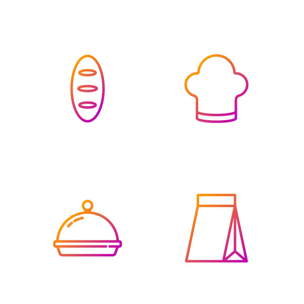 咖啡袋，包上托盘食品，面包和厨师帽。渐变颜色图标。向量图片下载