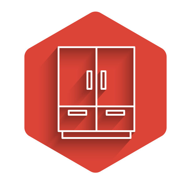 白色线衣橱图标孤立与长阴影。红色的六角按钮。向量图片下载