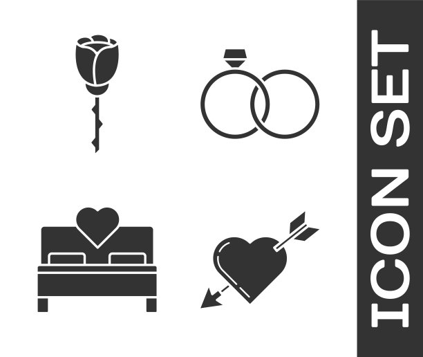 设爱的象征与心和箭，花玫瑰，卧室和结婚戒指图标。向量图片下载