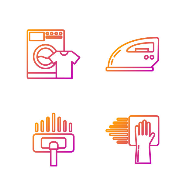 提供清洁服务，吸尘器，洗衣机，t恤，电熨斗。渐变颜色图标。向量图片下载