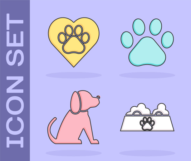 设置宠物食品碗猫或狗，心脏动物脚印，狗和爪印图标。向量图片下载