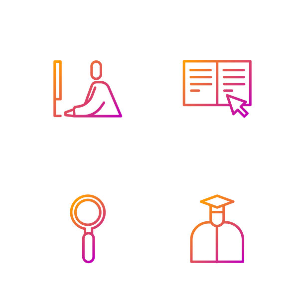 设置直线学生，放大镜，工作在笔记本电脑和在线书籍。渐变颜色图标。向量图片下载