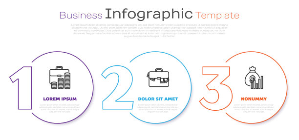 设置线公文包和硬币，公文包和钱和钱袋和图表。业务信息模板。向量图片下载