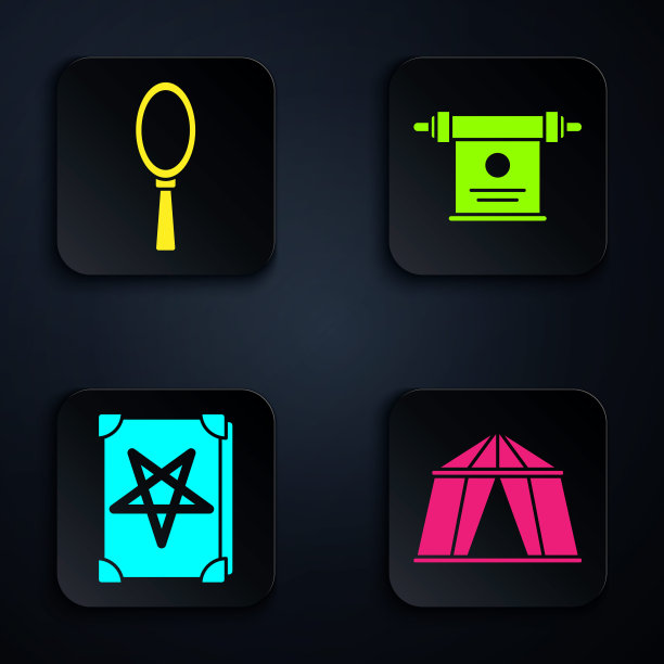 集马戏帐篷、魔手镜、古书、魔术卷轴于一体。黑色方形按钮。向量图片下载