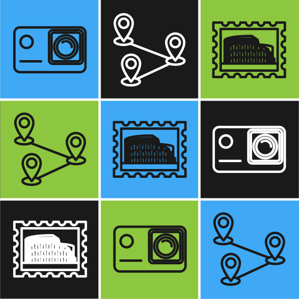 设置线动作极限相机，邮政邮票和体育馆和路线位置图标。向量图片下载