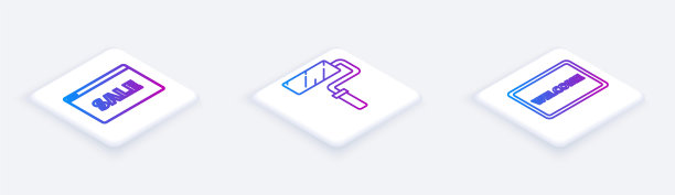 设置等距线悬挂标志与文字在线销售，油漆滚筒刷和门垫与文字欢迎。白色正方形按钮。向量图片下载