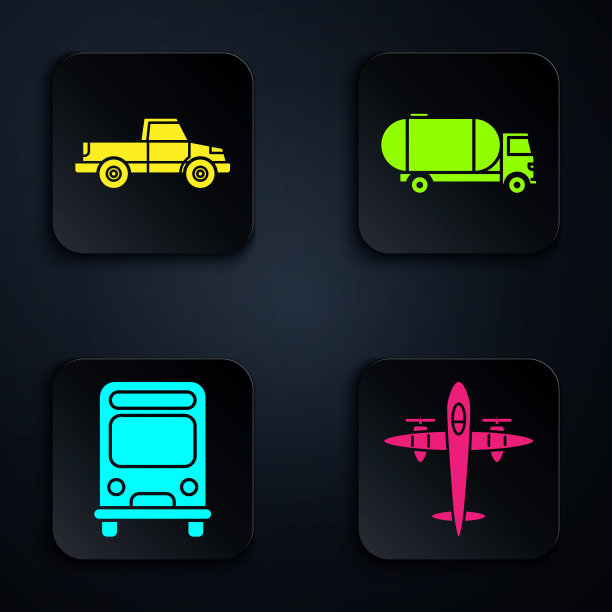 集老式复古飞机，皮卡，巴士和油罐车。黑色方形按钮。向量图片下载