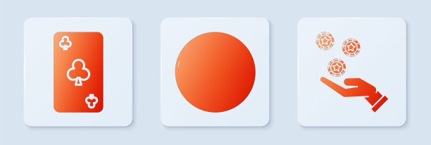 设置赌场轮盘赌轮，玩纸牌与俱乐部符号和手持有赌场筹码。白色正方形按钮。向量图片下载