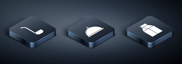 设置等距厨房勺子，纸包牛奶和覆盖一盘食物图标。向量图片下载