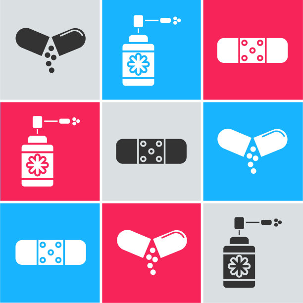 设置药丸或药片，带喷嘴喷雾的药瓶和绷带膏图标。向量图片下载