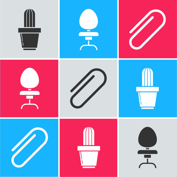 在花盆、办公椅和纸夹图标中设置仙人掌和多汁植物。向量图片下载