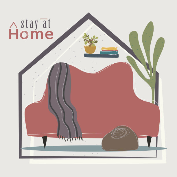 客厅插图与文字呆在家里图片下载