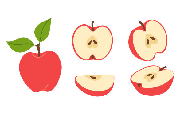 鲜红多汁的苹果。整个，一半，部分的水果。一套矢量插图在平面风格孤立在白色图片下载